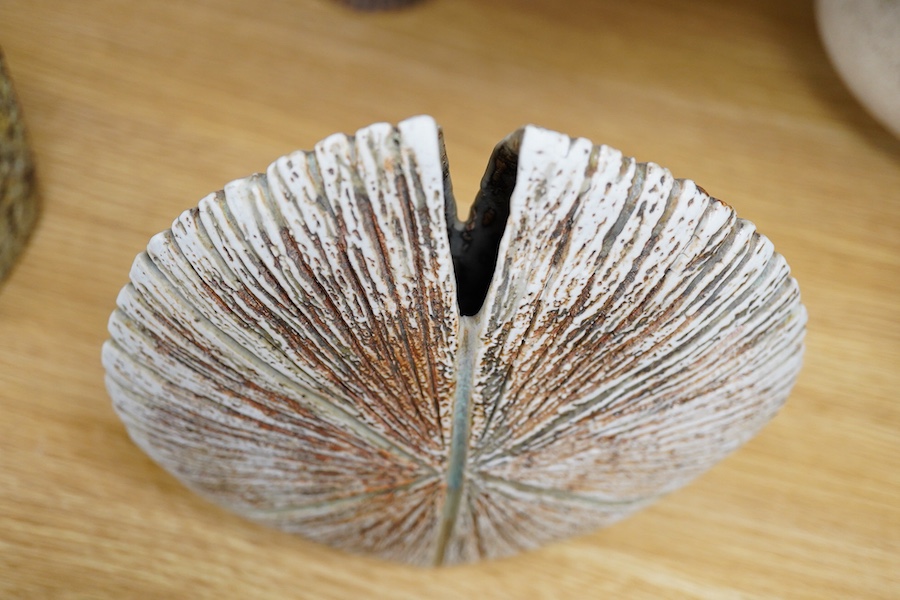 Alan Wallwork (1931-2012), studio pottery textured split oval vase, initialled to the base, 19cm high